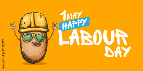 1 may labour day horizontal banner with cartoon funky rock n roll labour potato character with sunglasses and orange helmet isolated on orange background. Mayday cartoon poster design template