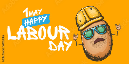 1 may labour day horizontal banner with cartoon funky rock n roll labour potato character with sunglasses and orange helmet isolated on orange background. Mayday cartoon poster design template
