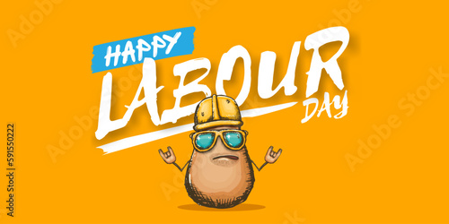 1 may labour day horizontal banner with cartoon funky rock n roll labour potato character with sunglasses and orange helmet isolated on orange background. Mayday cartoon poster design template
