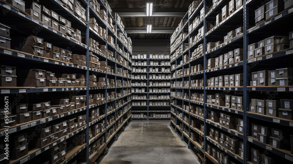 Rows of shelves with goods boxes in modern industry warehouse store at factory warehouse storage, generative ai Rows of shelves with goods boxes in modern industry warehouse store at factory warehouse storage, generative ai
