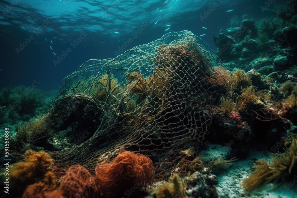 Fototapeta premium Discarded Fishing Net In Coral Reef. Generative AI
