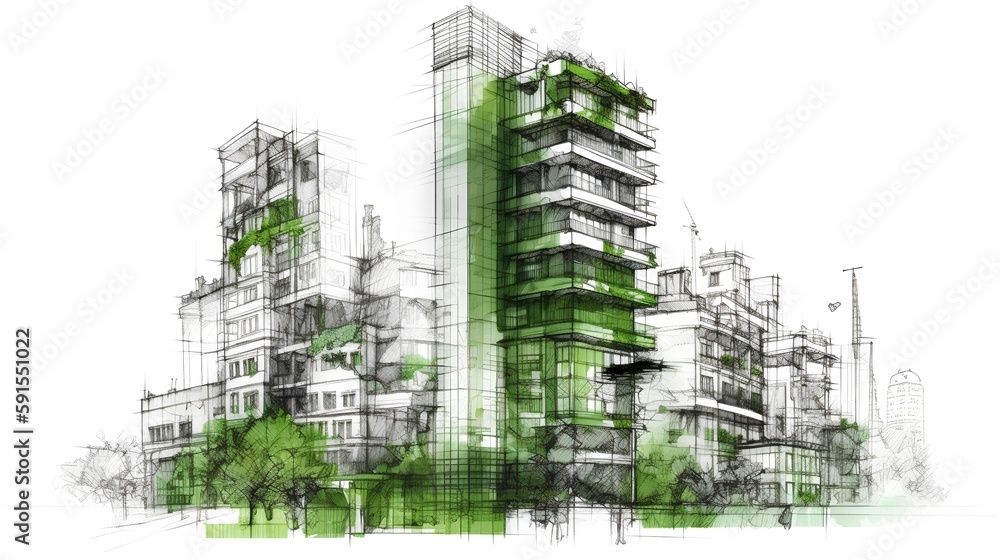 Sustainable development project sketch, green building and trees. Urban