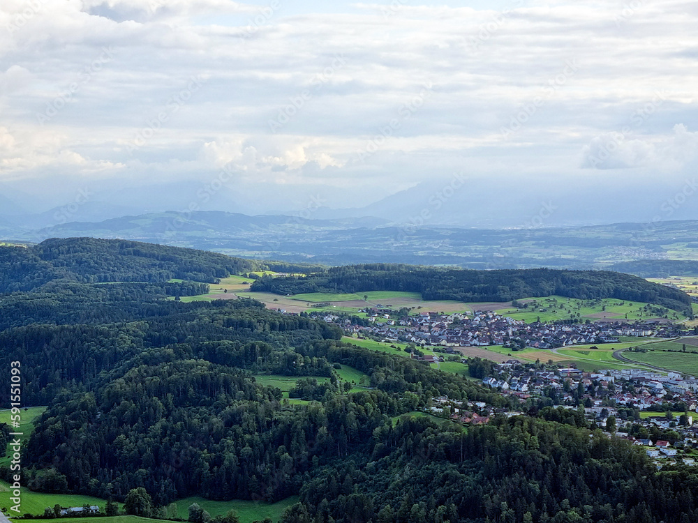 Horizon. Suburbs of Zurich.Panorama of the countryside in summer.