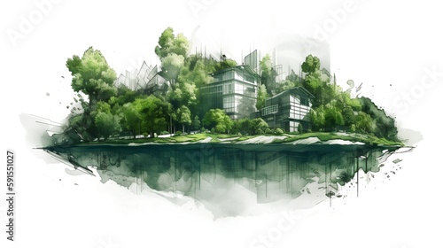 Sustainable development project sketch, green building and trees. Urban planning, green space, and environmental sustainability, with energy efficiency and reduced carbon footprint. Generative AI © TensorSpark
