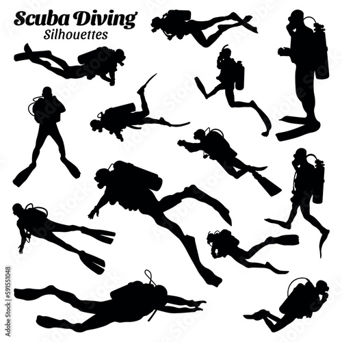 Collection set of scuba diving silhouette vector illustrations.