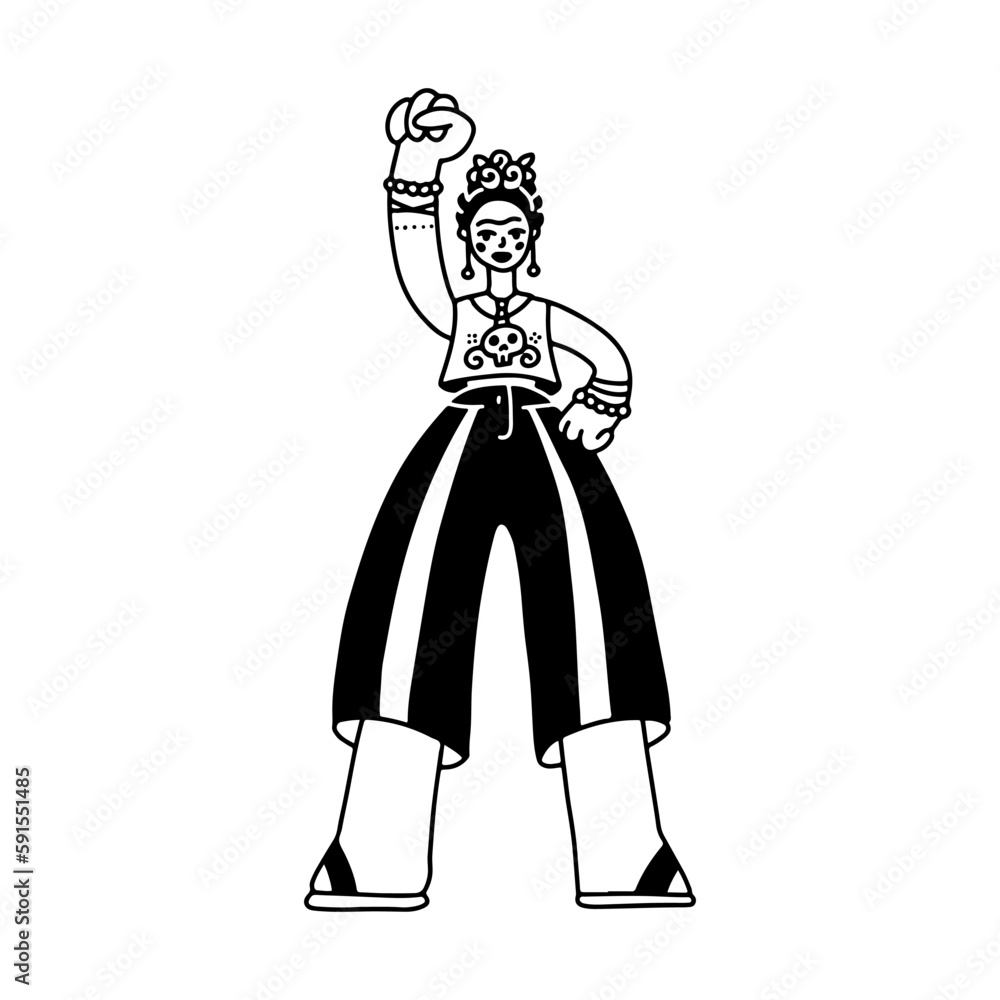 Doodle full-length female figure with a raised fist. Frida Caricature concept. Girl poewr symbol. Linear black and white cute hipster person in casual clothes. Vector hand drawn isolated illustration