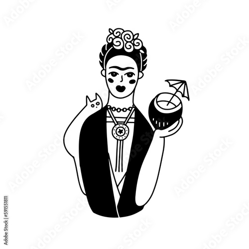 Cute Frida print in traditional mexican clothing in balck and white doodle style, Woman with wreath of flowers on head. Coconut cocktail in her hands. Vector isolated linear illustration photo