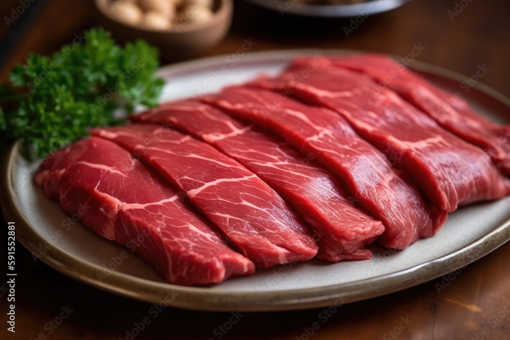 Plate Of Raw Beef Flank Steak. Generative AI