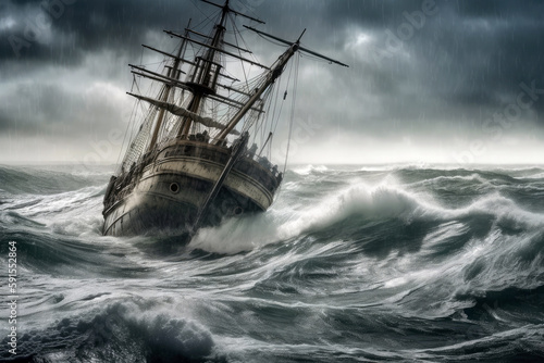 Ship Listing Dangerously In Fierce Storm. Generative AI