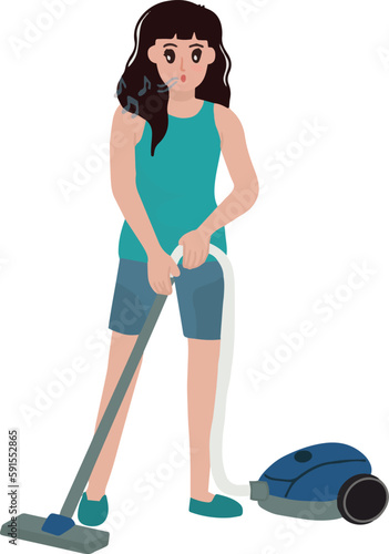 Portrait of woman mom enjoy and happy cleaning the floor using a vacuum cleaner while whistling illustration