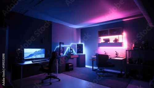 Very cool and classy gamer room with neon lights. AI generated