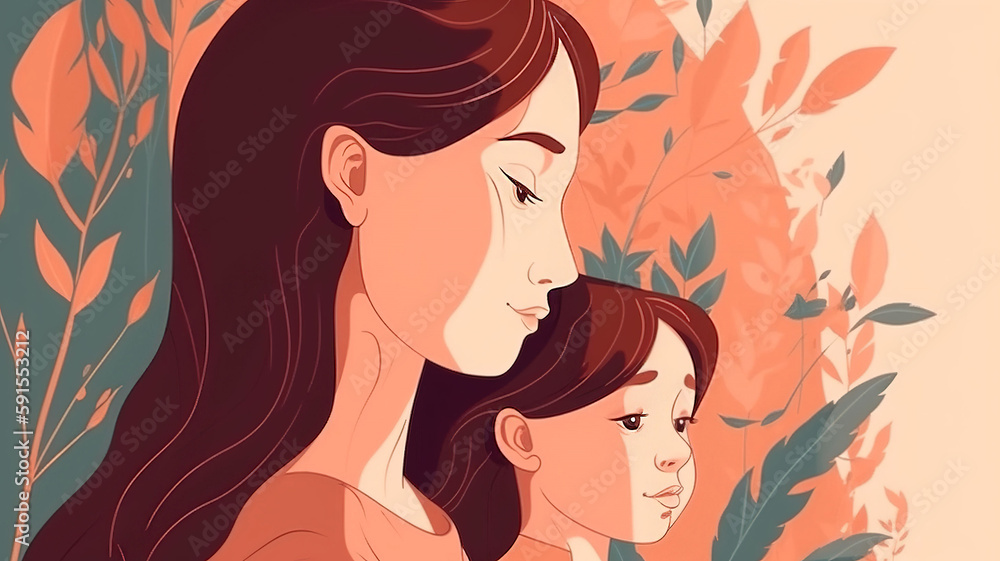Mother's day illustration of a mother and her daughter modern design, Generative AI