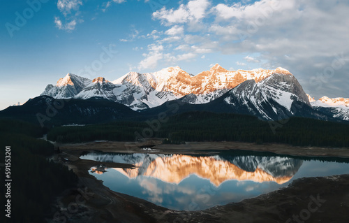 Lower Kananaskis Lake Aerial drone image of Kananaskis Range. peter lougheed provincial park. Canadian Rocky Mountains. Sunrise and Sunset colors.