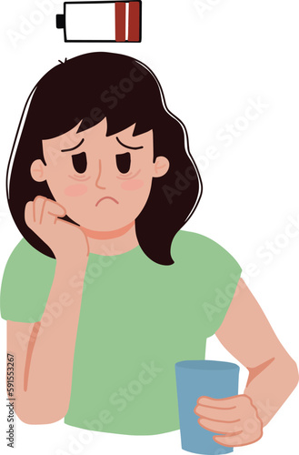 Frustrated tired burnout woman feeling stress and exhausted woman lack of sleep holding a glass of water illustration