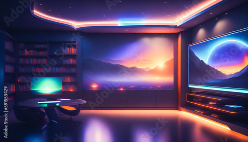 A gamer's colorful room. LED decor. Strips of LED lights on walls and furniture. Large TV. Generative AI.
