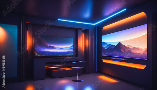 A gamer's colorful room. LED decor. Strips of LED lights on walls and furniture. Large TV. Generative AI. © 4K_Heaven