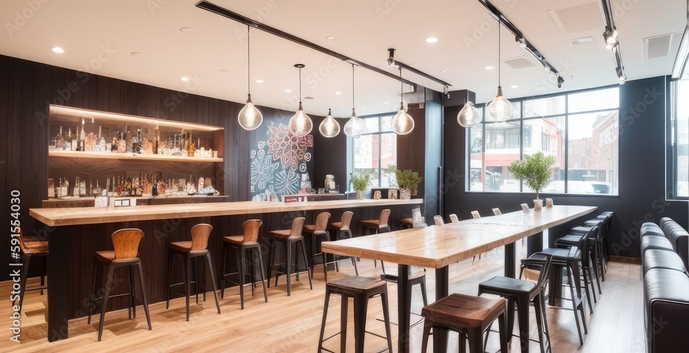 A trendy restaurant, modern and eclectic design. Bright Lighting, restaurants interior design. Generative AI. A trendy restaurant, modern and eclectic design. Bright Lighting, restaurants interior design. Generative AI.