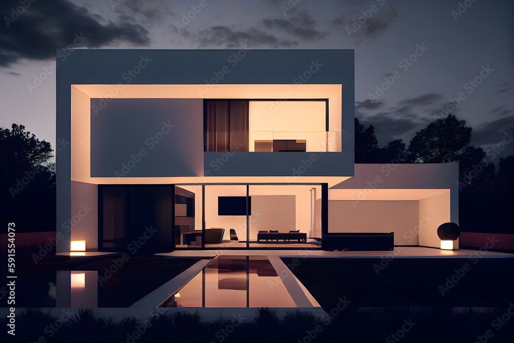 Modern cozy house with pool and parking for sale or rent in luxurious style. Clear summer night with cozy light from a window. AI Generative