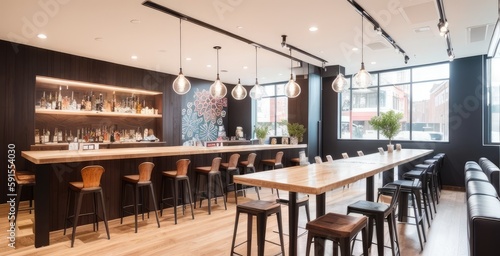 A trendy restaurant  modern and eclectic design. Bright Lighting  restaurants interior design. Generative AI.