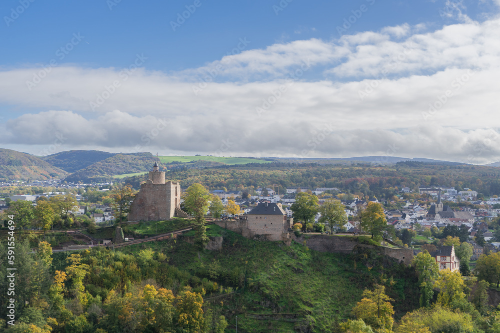 City view of the german city Saarburg with old castle ruin