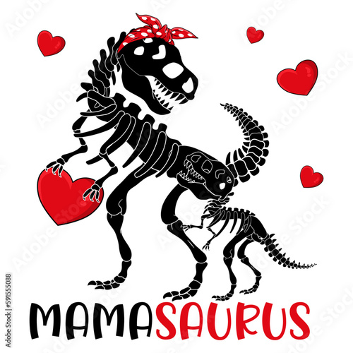 MamaSaurus , Skeleton T-Rex Mommy and Baby Dinosaurus With Hearts Design For Mother's Day , Valentine's day  EPS. SVG. File vector illustration Doodle Funny cartoon style 