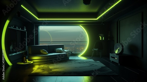 futuristic cyberpunk apartment with big panorama window and modern seating area, green interior design, generative ai
