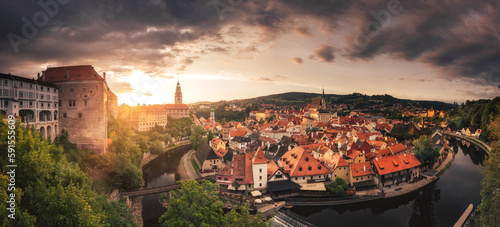Panoramic sunset view over the old Town of Cesky Krumlov, Czech Republic