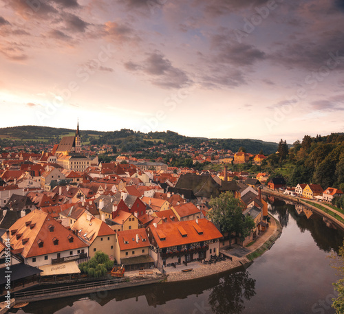 Panoramic sunset view over the old Town of Cesky Krumlov, Czech Republic