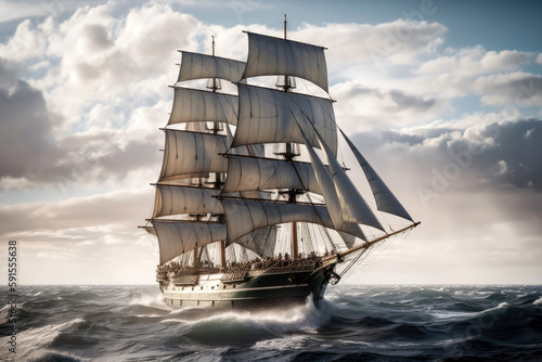Tall Ship With Billowing Sails And Ropes. Generative AI photo