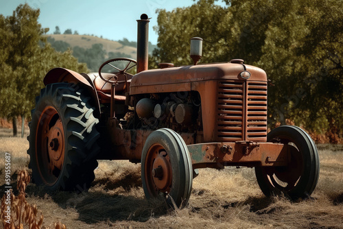 Vintage Tractor On Farm Field. Generative AI