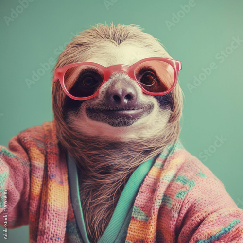 Hipster sloth take selfie photo, funny antrophomorfic animals, Generative AI © PaputekWallArt