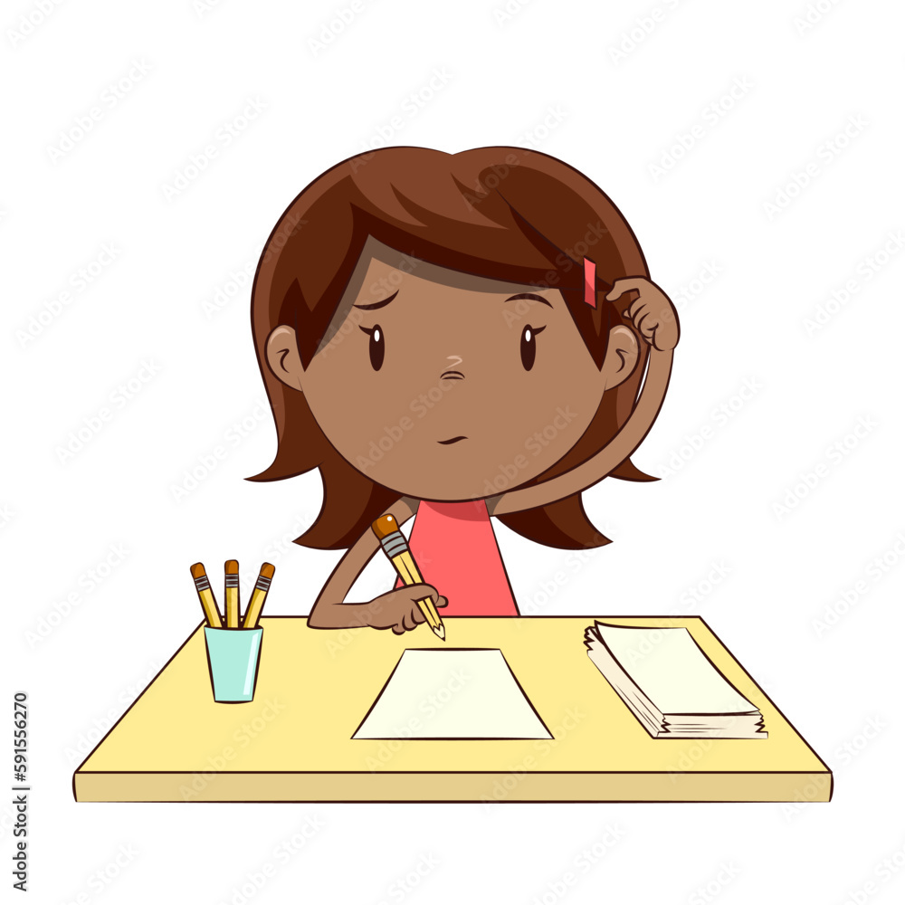 Little girl write, draw, scratching head Little girl write, draw, scratching head
