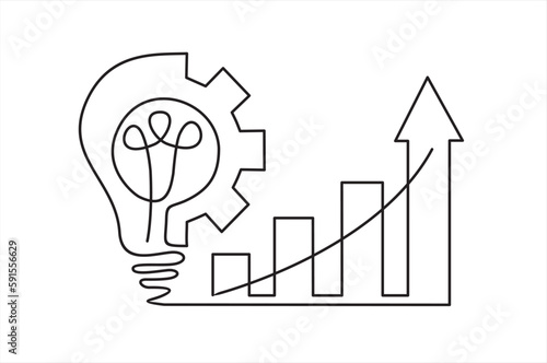 continuous line drawing of gears, lights idea and graph.Continuous line drawing. Startup business. Vector illustration. Isolated on white background. 