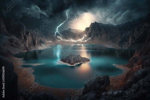Witnessing the Magnificent Lake in the Volcanic Crater During a Stormy Weather with Dazzling Lightning Bolts Generative AI