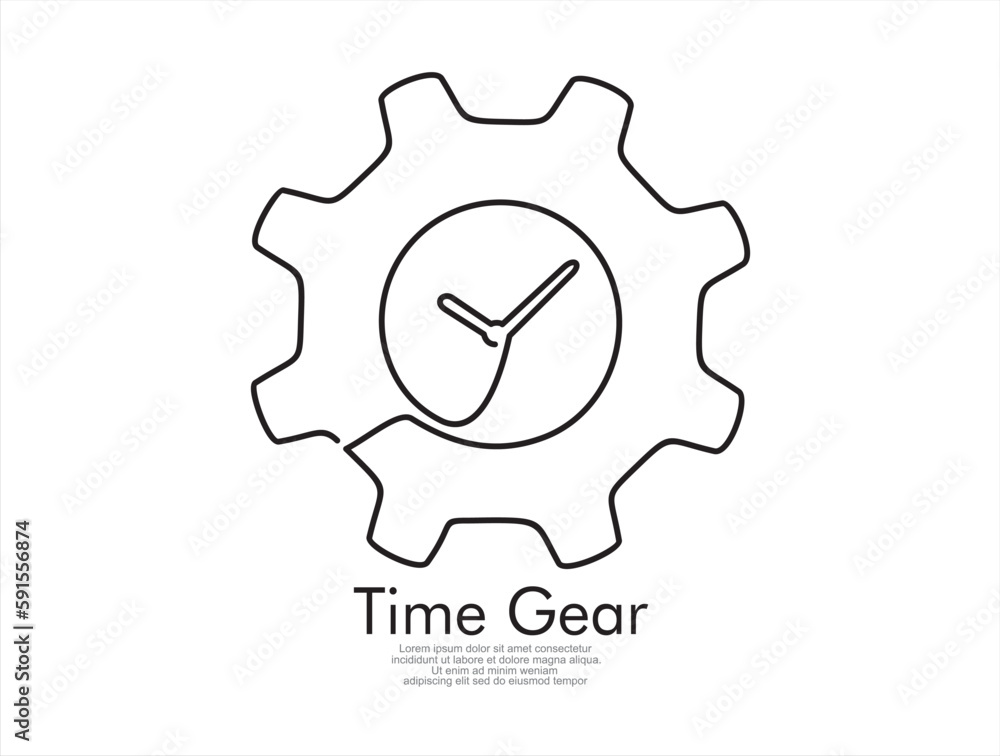 Continuous One line drawing of gear with clock inside. Time gear