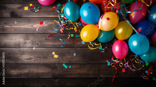 Colorful Party Frame with ballon and confetti on a wooden board