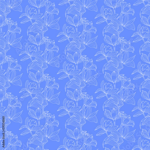 Orchid branch. Transparent white flowers on blue background. Seamless pattern with orchid twigs.