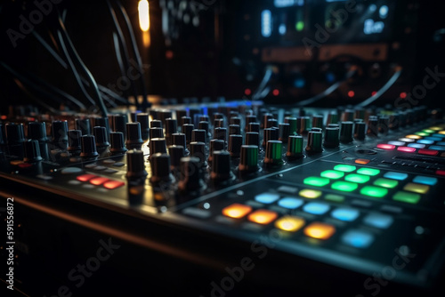 Sound Mixer Closeup With Glowing Lights At Club Party, Made Using Generative Ai