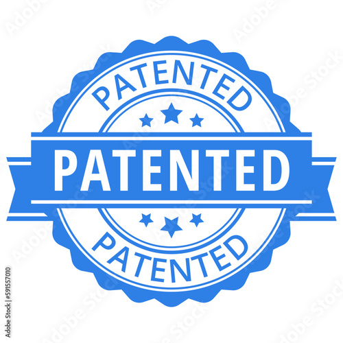 Patented. Blue sticker. Vector illustration. 