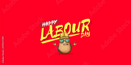 1 may labour day horizontal banner with cartoon funky rock n roll labour potato character with sunglasses and orange helmet isolated on red background. Mayday cartoon poster design template