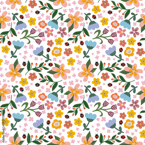 Seamless Summer flower pattern. Cartoon Summer flowers  leaves  and berries print. Cute floral wallpaper. Perfect for creative projects  including textiles  stationery  home decor  and more.
