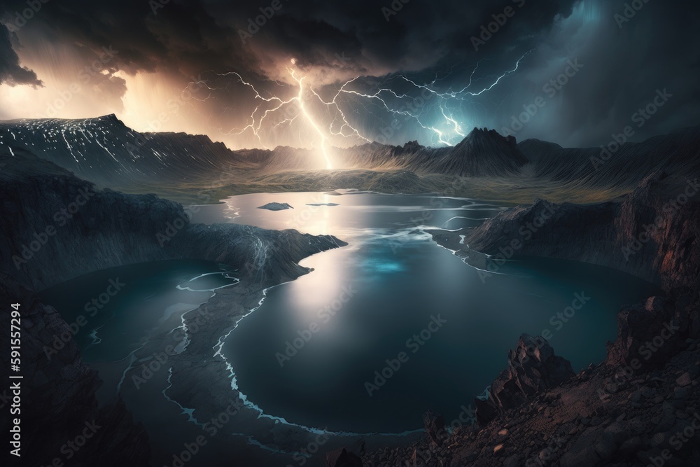 Nature's Power on Display - The Mesmerizing Lake within the Crater of the Volcano During a Storm Generative AI