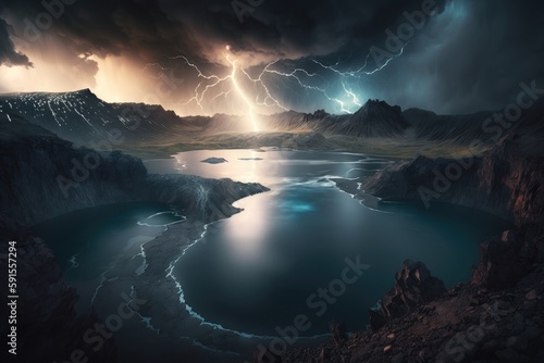 Nature's Power on Display - The Mesmerizing Lake within the Crater of the Volcano During a Storm Generative AI