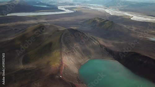 4K cinematic Aerial drone footage of an volcanic lake and landscape with stunning mountains around Landmannalaugar. Rainbow mountains in Iceland. Hnausapollur and Blahylur. photo