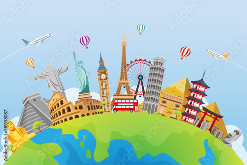 travel and tourism landmark around the world.  Tourism and road trip concept. Journey in vacation. vector illustration flat background.