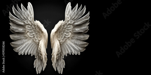 Glowing in the dark white angel wings, on an isolated black background. Generative AI