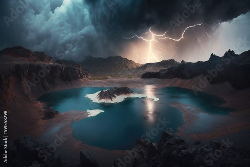 The Roaring Thunder and Dazzling Lightning Bolts Illuminate the Serene Lake in the Crater of the Volcano Generative AI