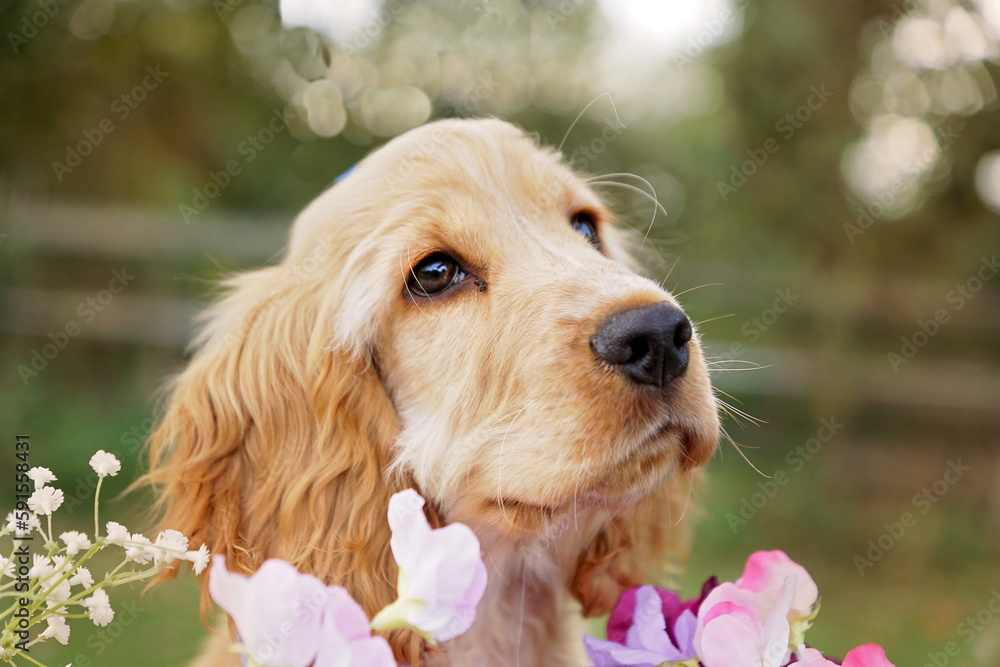 Golden cocker spaniel puppy in basket cute with flowers Golden cocker spaniel puppy in basket cute with flowers