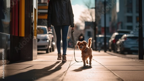 Urban pets walking with their owners in city streets. Playful pets with their friends and families. Dogs and cats in city. AI Generated.