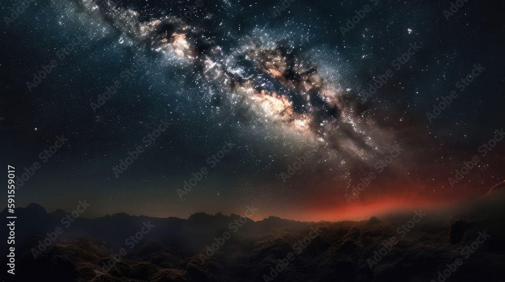 Starry colorful milky way in the night sky with red color in the mountains. Universe and the cosmic background. Generative AI.